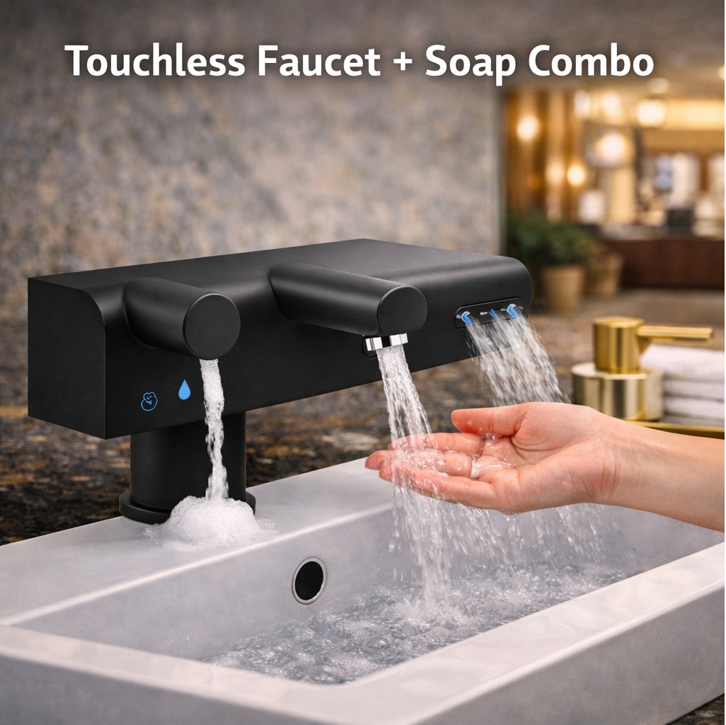 Touchless faucet and soap dispenser combo collection for commercial sink zones